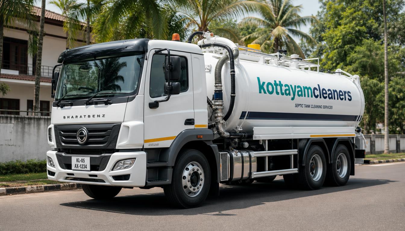 Kottayam Cleaners vacuum tanker truck parked on a street in Kottayam
