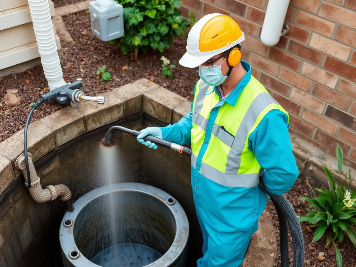 Technician cleaning a residential septic tank